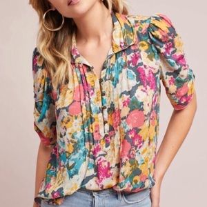 Maeve Anthropologie Susan Floral Blouse Ruched Top